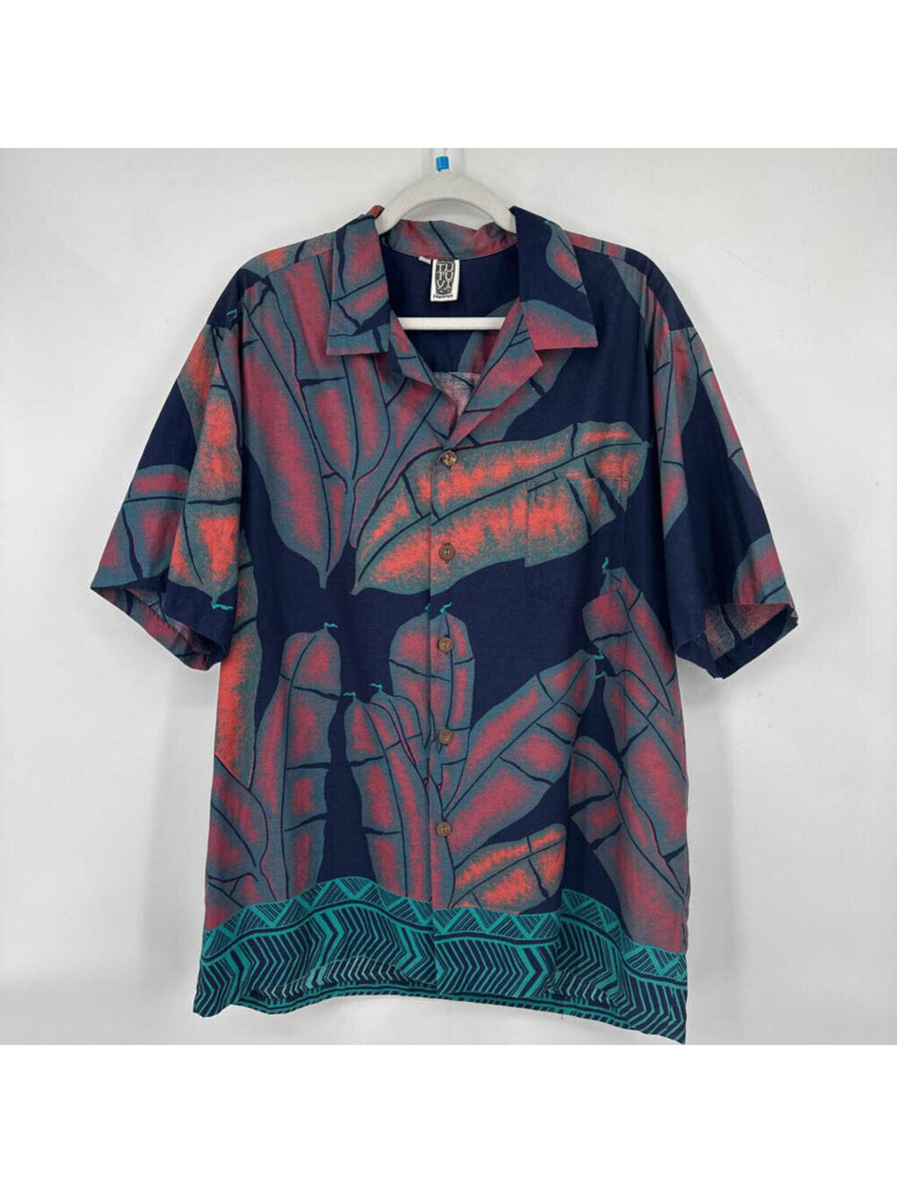 Men's Tutuvi Hand Screened Hawaiian Shirt Banana Leaf Button Front Navy Blue XL